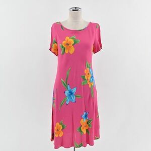 Vtg 90s Casual Corner Tropical Floral Dress Size 12‎ Bright Pink Hawaiian Resort